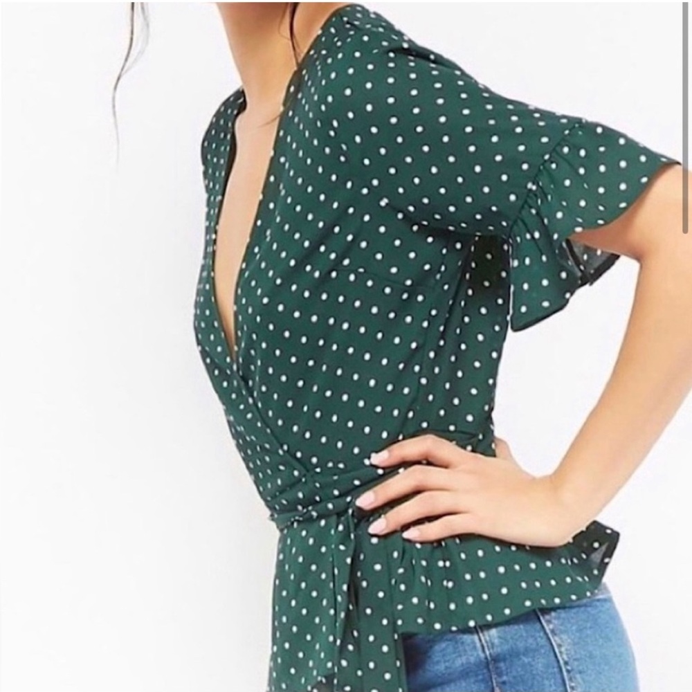 Greek Polka Dot Tie Wrap Ruffle Blouse size small